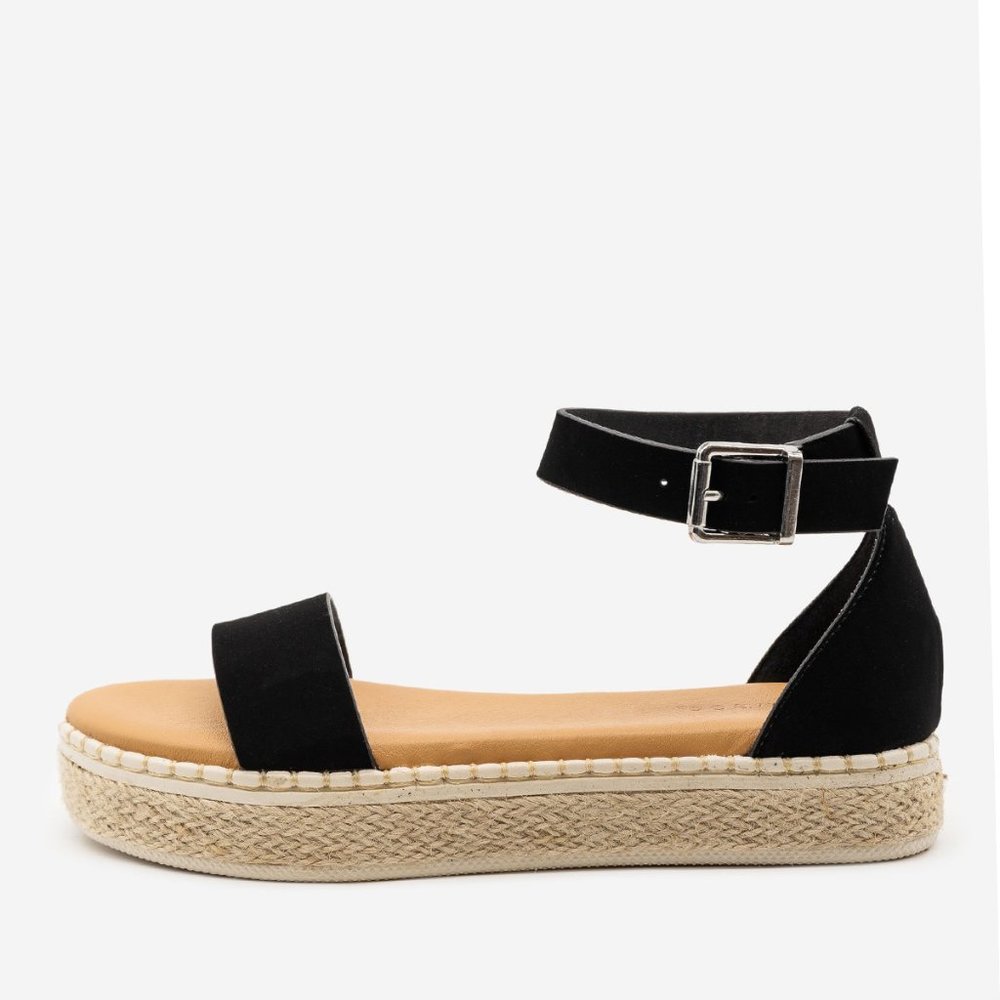 NEW Black Open Toe Low Flat Platform Heel Espadrille Jute Sandal Ankle Strap - Picture 6 of 7